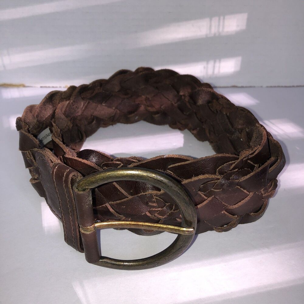 Leather Belt Womens Large 2" Wide Braided Woven Round Brass Buckle See Measures